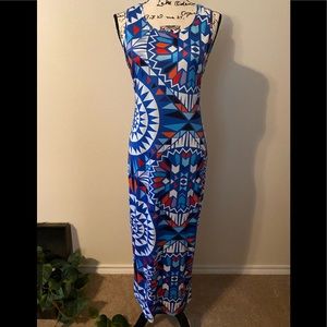 Tank style Sleeveless Geometric Print Maxi Aztec Print Dress - Blue - Xl